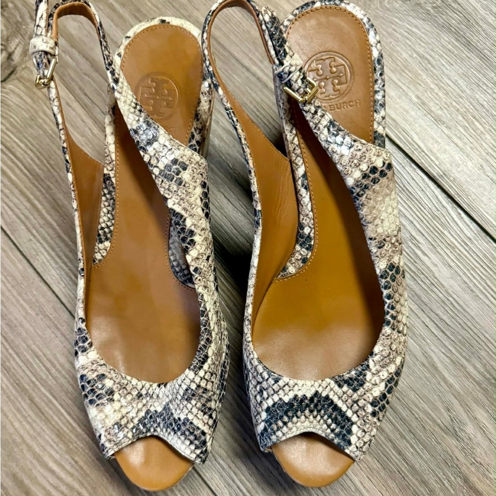 Tory Burch Snake-Print Slingback Peep-Toe Heels in Neutral Tones